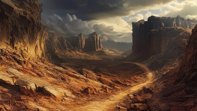 Dramatic canyon landscape with winding path under a stormy sky, golden light