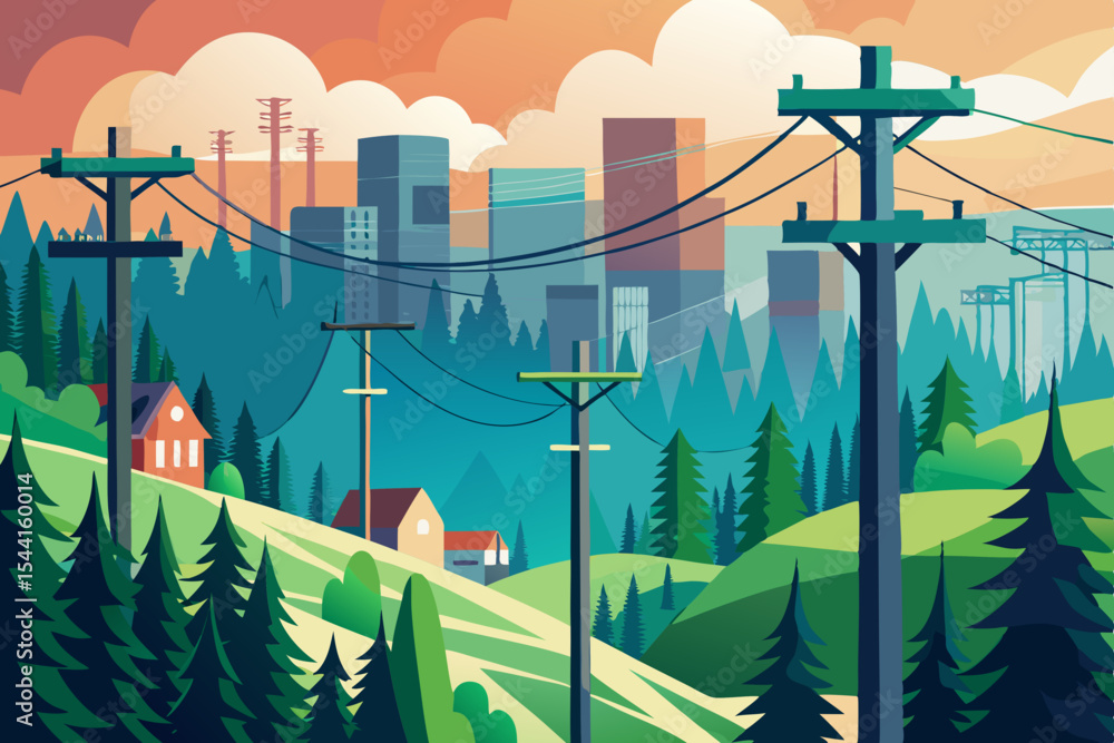 Poster stylized landscape illustration of a cityscape with power lines houses and trees in a gradient color