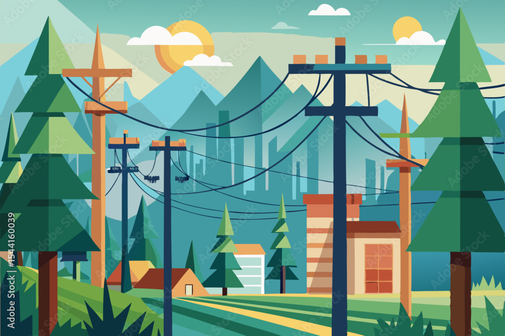 Poster stylized landscape illustration with power lines trees and buildings in a geometric style with mount