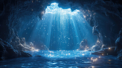 Enchanting underwater cave with shimmering light rays