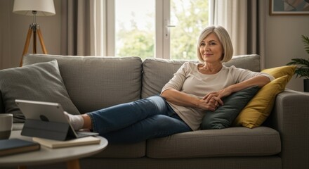 Serene woman relaxing on a comfy sofa