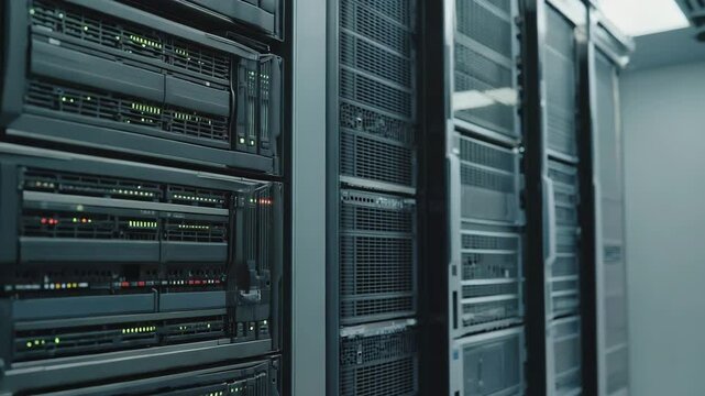 Tilted close up of server rack filled with blinking red, green, and white lights on gray metal