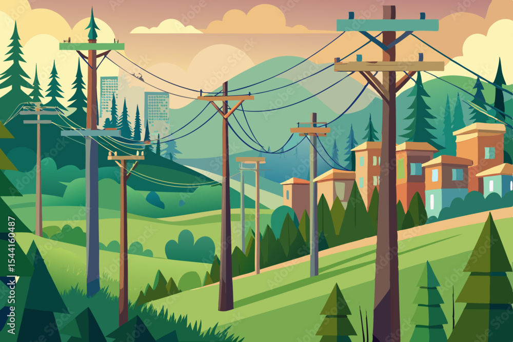 Poster stylized vector landscape with power lines and buildings depicting a transition from rural to urban 