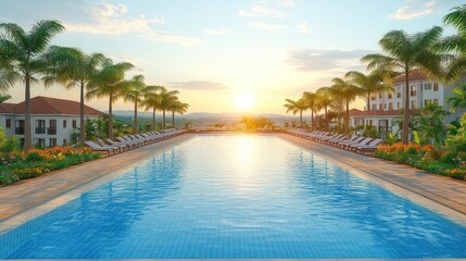Obraz premium Tropical resort pool at sunset. Lush landscape