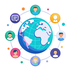 A global network is depicted with a central Earth surrounded by diverse user avatars and communication icons, symbolizing global connection, social networking, and remote collaboration.