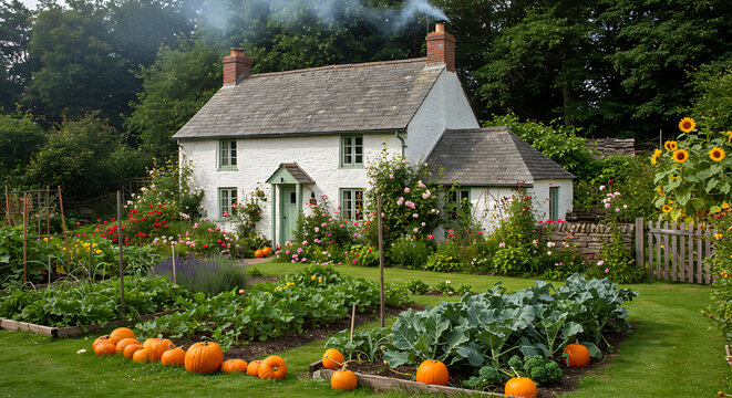 A countryside cottage with smoke rising from the chimney, surrounded by flower beds and a vegetable garden.