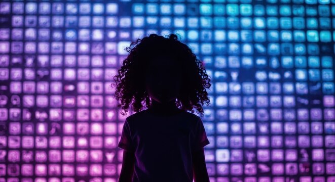 Shadowed child before glowing icon matrix