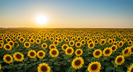 Fototapeta premium An open field of sunflowers facing the morning sun, gently moving in the early breeze.