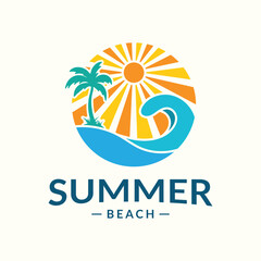 Summer beach logo featuring palm tree and ocean wave