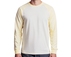 Man's Mockup White and Pale Yellow Elastic Cuffed Raglan Long Sleeve T-Shirt Design Template