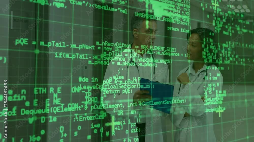 Poster green code overlaying hospital corridor doctors consulting file monitoring data feed for decision