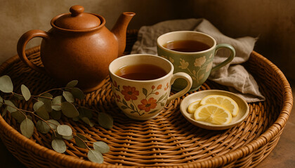 Fototapeta premium Bohemian still life with ceramic teapot, floral teacups, and warm rustic lighting on rattan tray