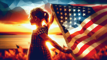 independence Day - Little Girl With Usa Flag and blurred background - Proud and Freedom Concept 