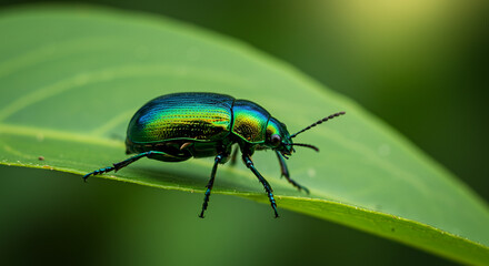 Macro photo of a shiny green beetle on a leaf