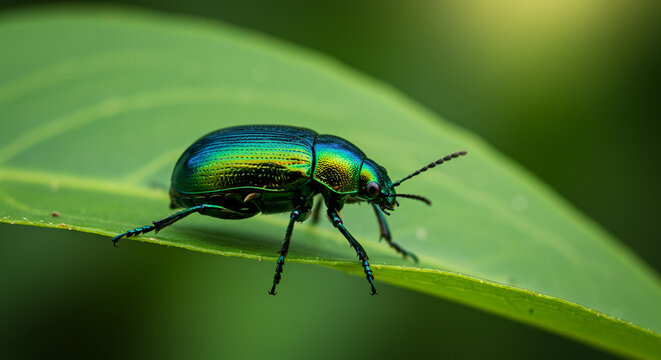 Macro photo of a shiny green beetle on a leaf - Powered by Adobe