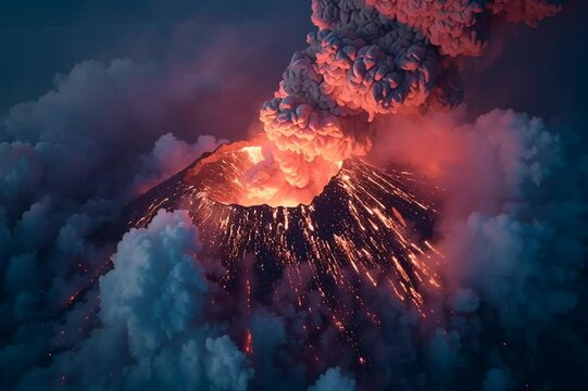 Aerial view of a volcano erupting and shooting lava high into the air with clouds of ash