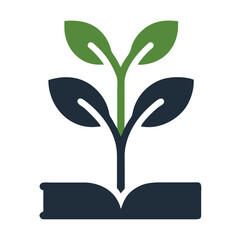 Green Plant Sprouting from Open Dark Blue Book Symbolic of Environmental Education Growth and Knowledge