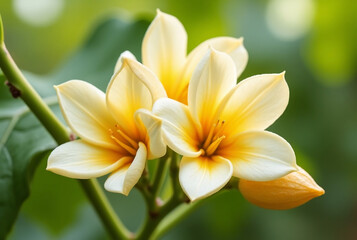 Fototapeta premium A close-up botanical illustration of kamboja flowers on a green stem, showcasing their creamy white to pale yellow petals with delicate details