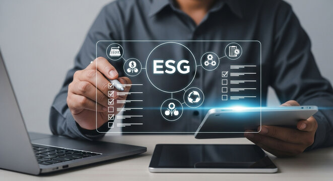 Man using digital interface with esg icons on laptop and tablet for environmental social governance