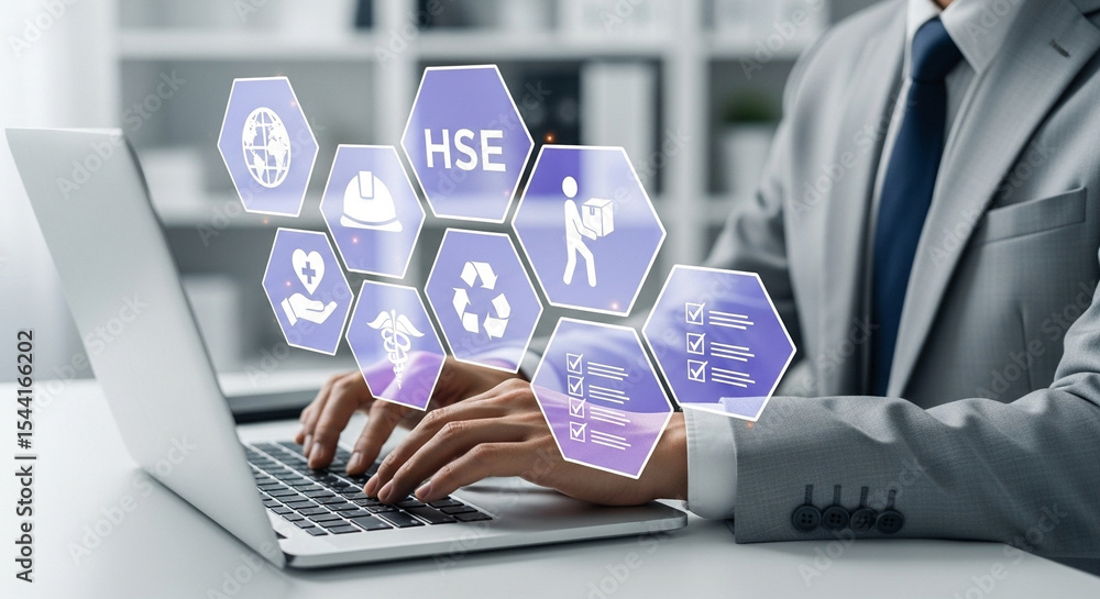 Fototapete Man typing on laptop with hse icons floating above keyboard in office setting with shelves behind him