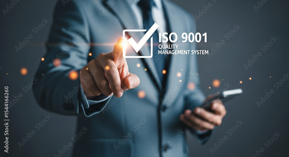 Poster man in suit points to iso 9001 quality management system with phone in hand against grey background