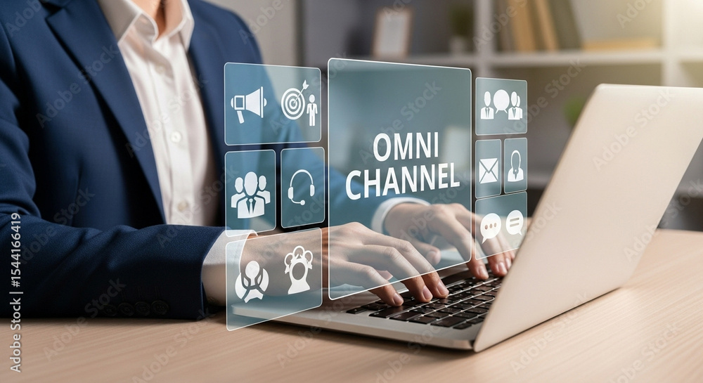 Poster person typing on laptop with omni channel interface overlay showing communication icons and target