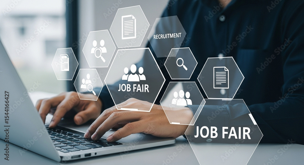 Poster person using laptop with job fair and recruitment icons overlayed on the screen display view