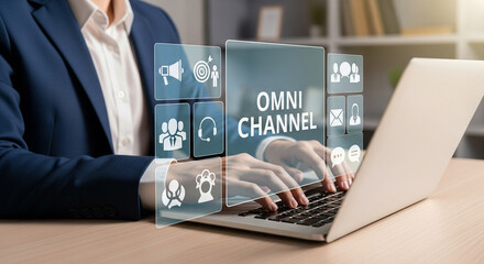 Person typing on laptop with omni channel interface overlay showing communication icons and target