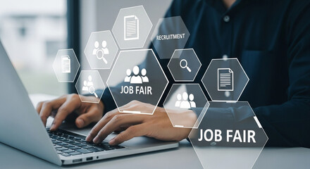 Person using laptop with job fair and recruitment icons overlayed on the screen display view
