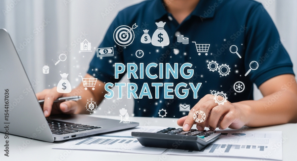 Aufkleber Man calculating pricing strategy with laptop and calculator in a business setting online icons
