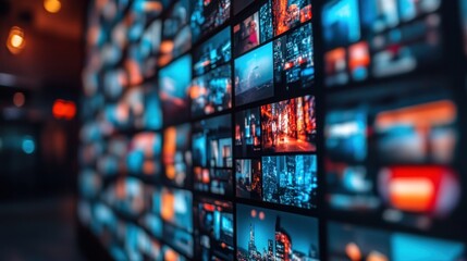 Wall of many small screens displaying various images