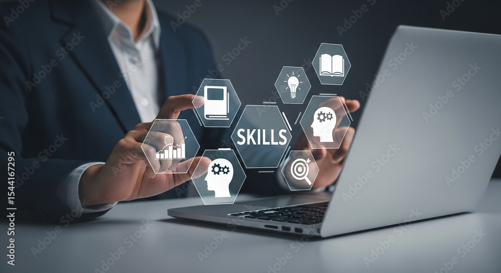 Poster Person using laptop with skills icons displayed representing knowledge and development concepts online