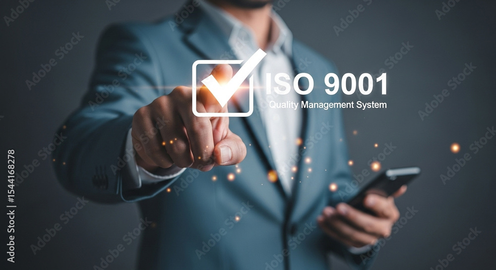 Poster Man in suit pointing at iso quality management system with phone in hand on dark background