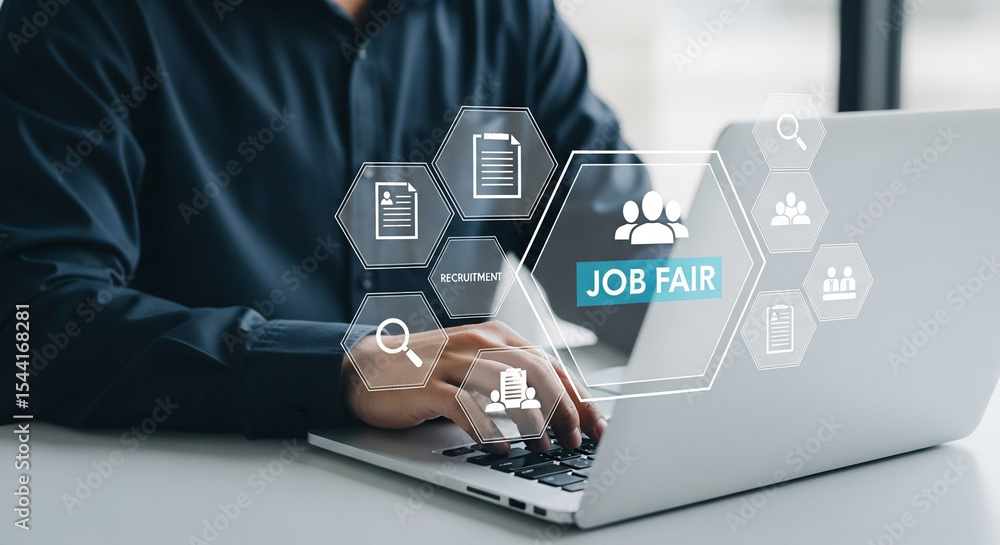 Poster person using laptop with job fair and recruitment icons displayed on the screen in a professional se