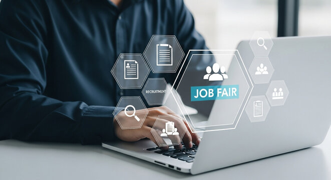 Person using laptop with job fair and recruitment icons displayed on the screen in a professional setting