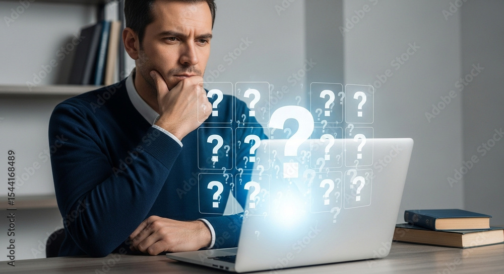 Aufkleber Man pondering questions with laptop and question marks hovering over the screen in a bright room