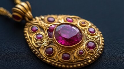 Ornate gold pendant with ruby gemstones