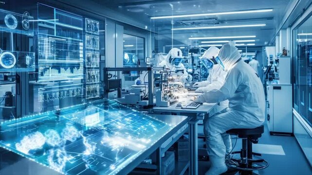 High-tech cleanroom with workers assembling microchips using advanced technology and augmented reality interfaces
