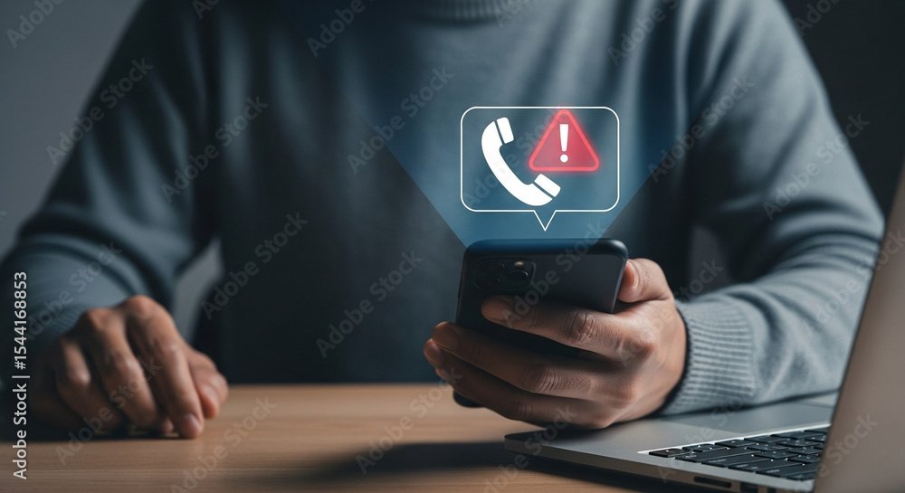 Aufkleber person holding smartphone with phone call alert notification above it near a laptop computer