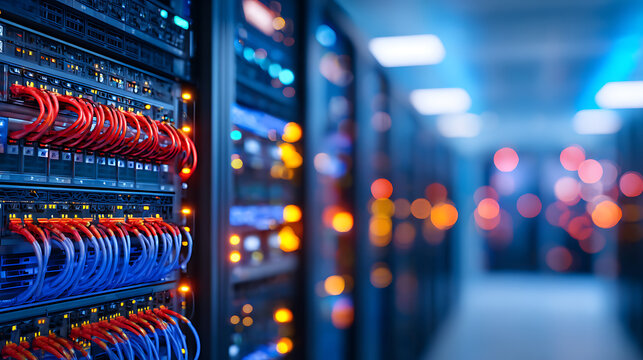 Network server room with cables and LED lights - Powered by Adobe