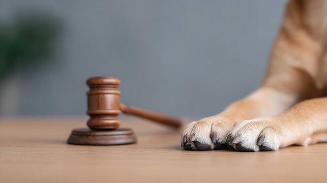 Dog paws beside judge gavel on table representing animal law and pet rights