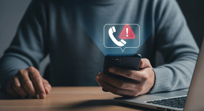 Person holding smartphone with phone call alert notification above it near a laptop computer