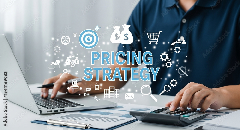 Aufkleber man calculating pricing strategy with laptop and calculator on a white desk with icons overlayed