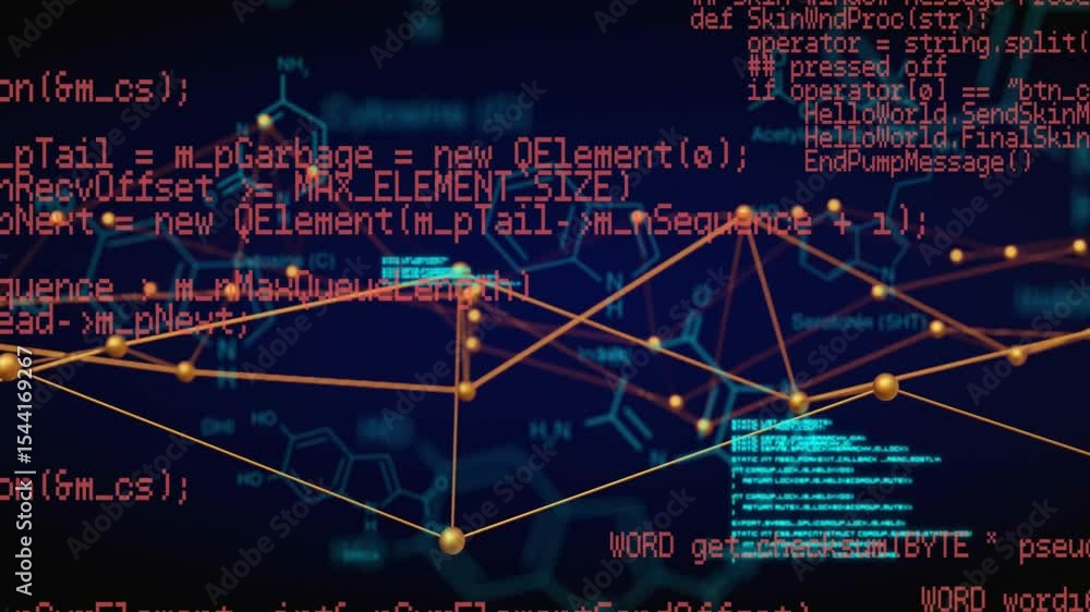 Aufkleber Network graph fading in showing cyan code, scrolling red text, pulsing nodes illustrating data flow