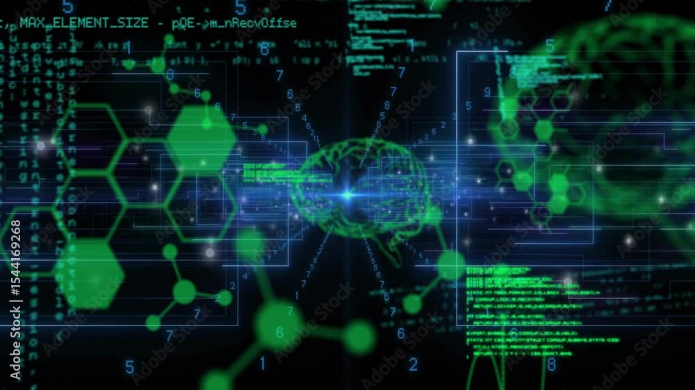 Poster Canvas loading with hexagon nodes sparking code merging into wireframe brain data streaming outward