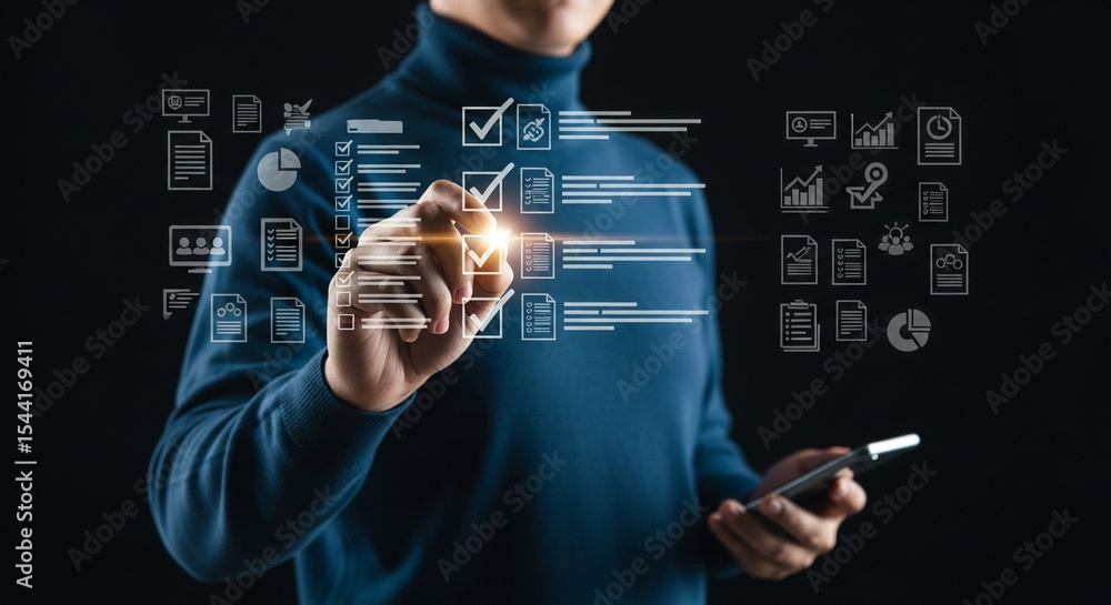 Poster man interacting with digital checklist interface, holding phone, dark background, futuristic concept