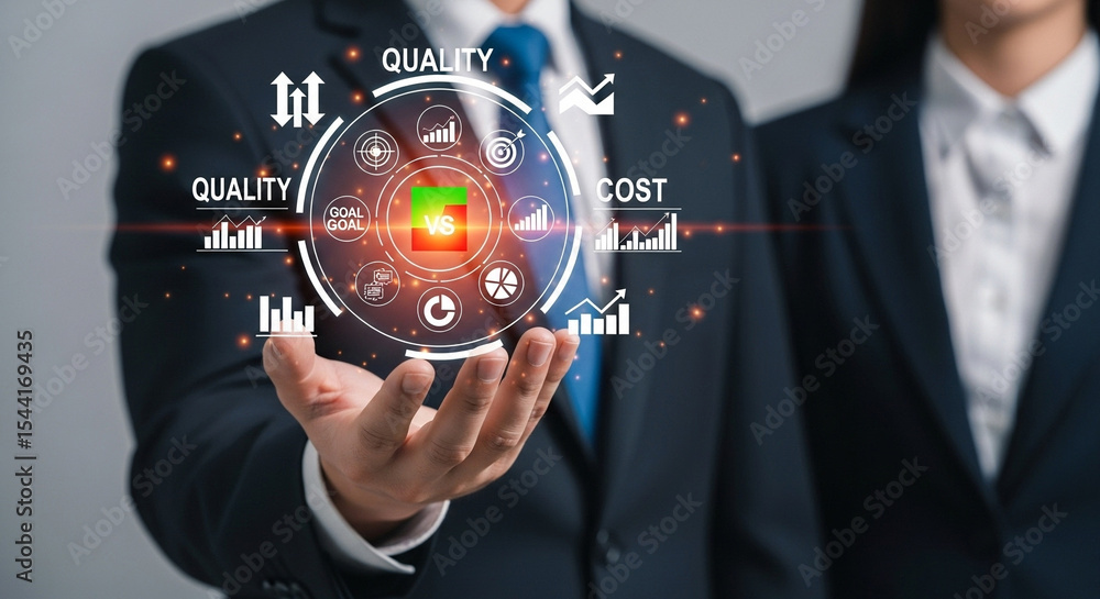 Poster Business team presenting quality and cost optimization strategy with digital interface display