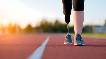 Prosthetic running blade on track close-up symbolizing determination and athleticism
