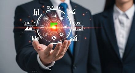 Business team presenting quality and cost optimization strategy with digital interface display