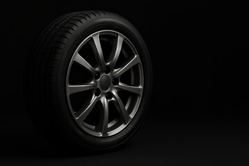 Fototapeta premium Close up of a car tire with a silver rim on a dark black background